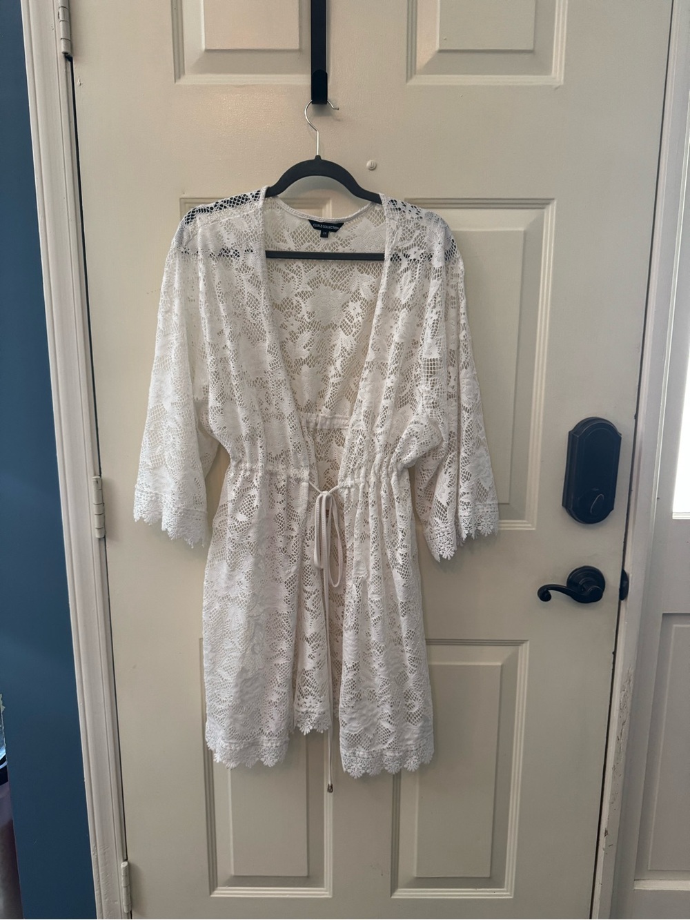 White Lace Swim Coverup Kimono with Drawstring
